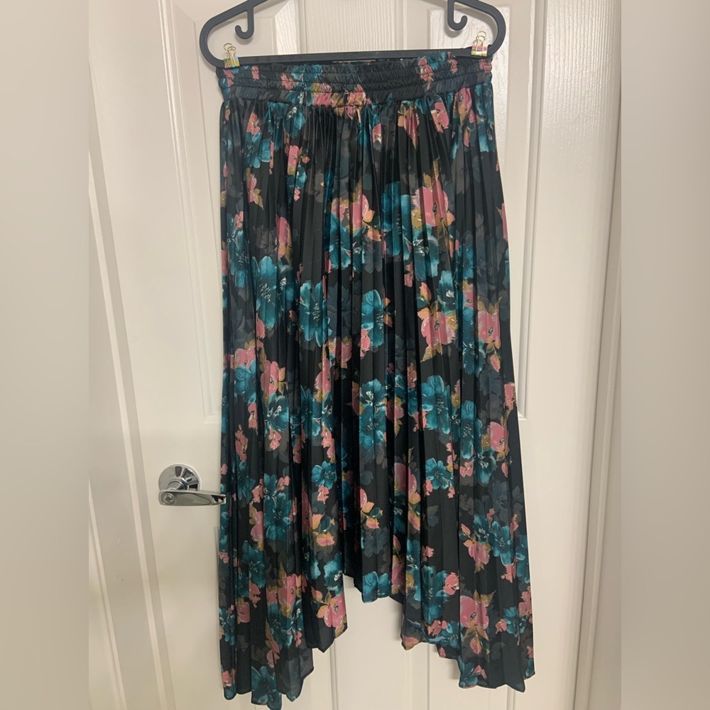 Misa Los Angeles Asymmetrical Floral Skirt Black Teal Pink Tea Length Pleated M - Picture 2 of 6